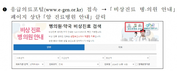 응급의료포털(E-Gen) 암 진료협력병원 정보 확인 방법