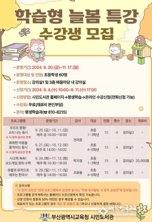 부산시민도서관, 학습형 늘봄 특강 운영