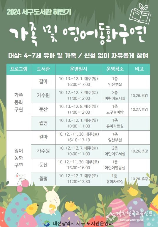 대전 서구 4개 공공도서관, 하반기 가족 및 영어동화구연